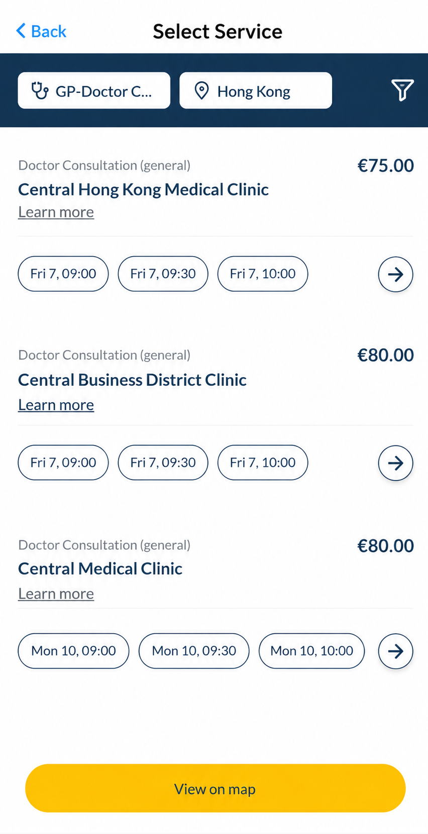 Health4Travel app select service screen listing clinics with prices and available appointment times