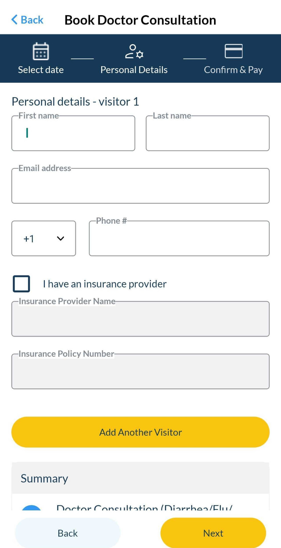 Health4Travel app personal details step of the booking flow with a summary of the appointment
