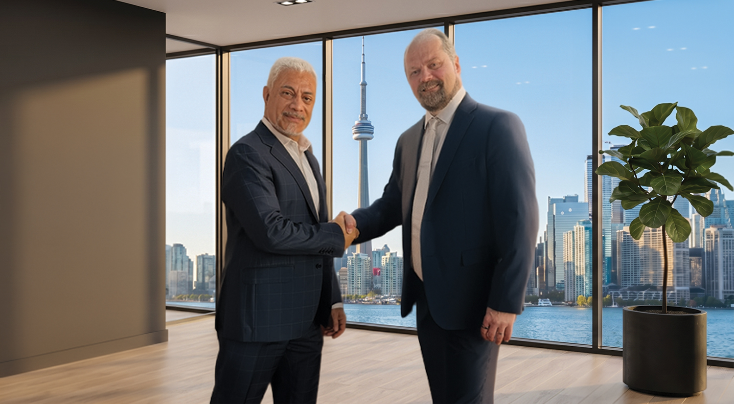 George Barakat, Founder & CEO of MedWorks, and Marko Kauppinen, Founder & CEO of Health4Travel, shaking hands
