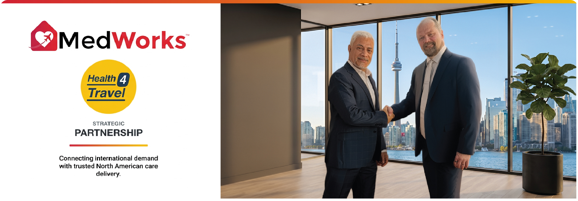 George Barakat, Founder & CEO of MedWorks, and Marko Kauppinen, Founder & CEO of Health4Travel, shaking hands in front of the Toronto skyline