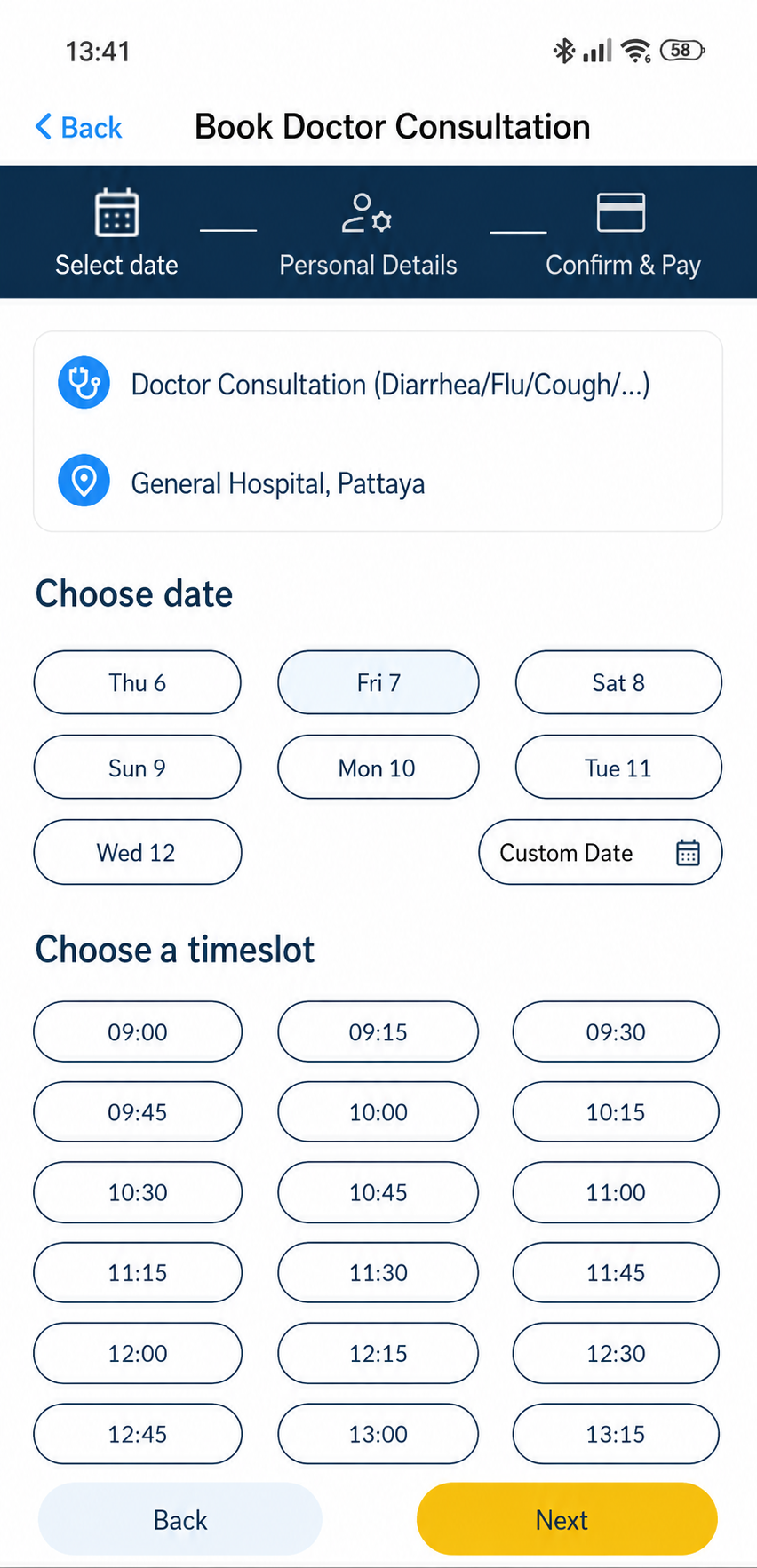 Health4Travel app booking screen for choosing an appointment date and timeslot