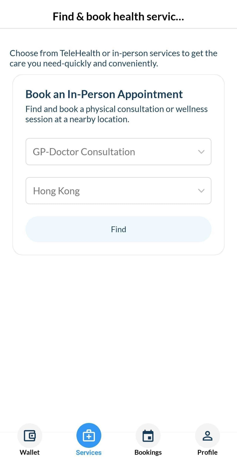 Health4Travel app find and book health services screen with a GP doctor consultation search in Hong Kong