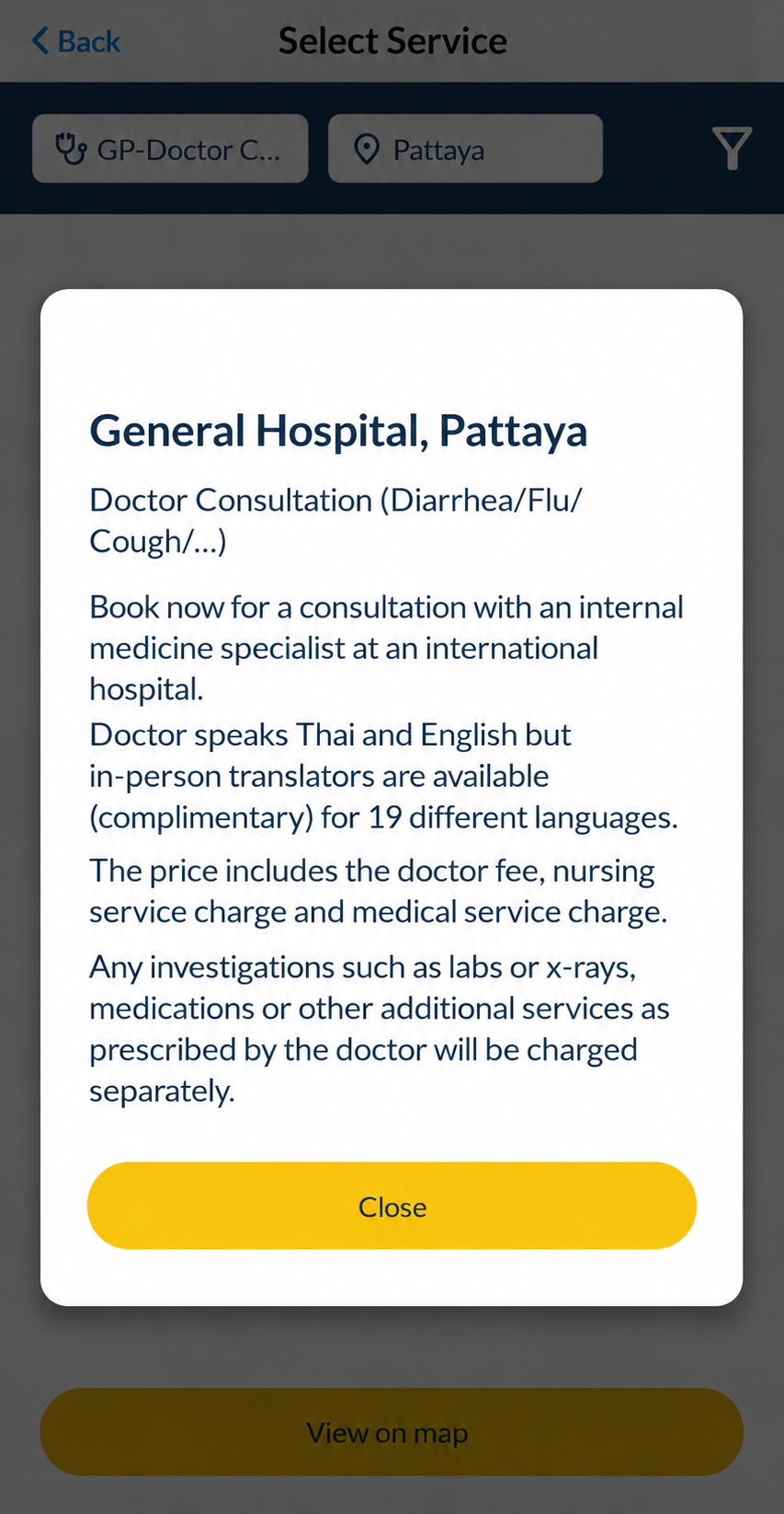 Health4Travel app provider details for a doctor consultation at General Hospital, Pattaya