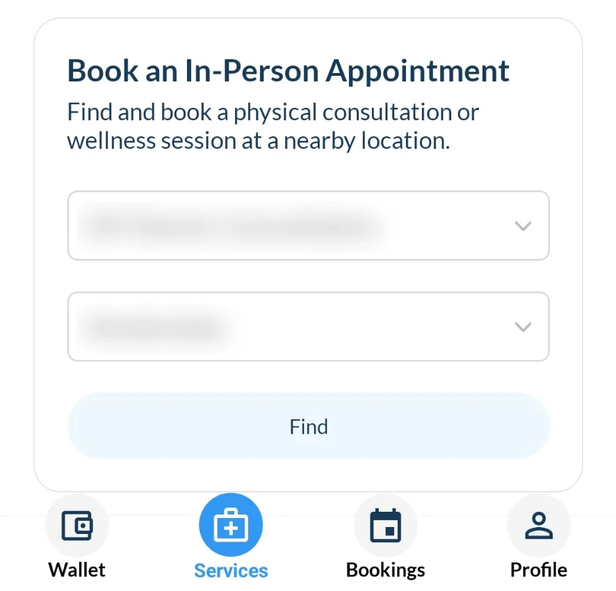 Health4Travel app interface for selecting a care service and destination