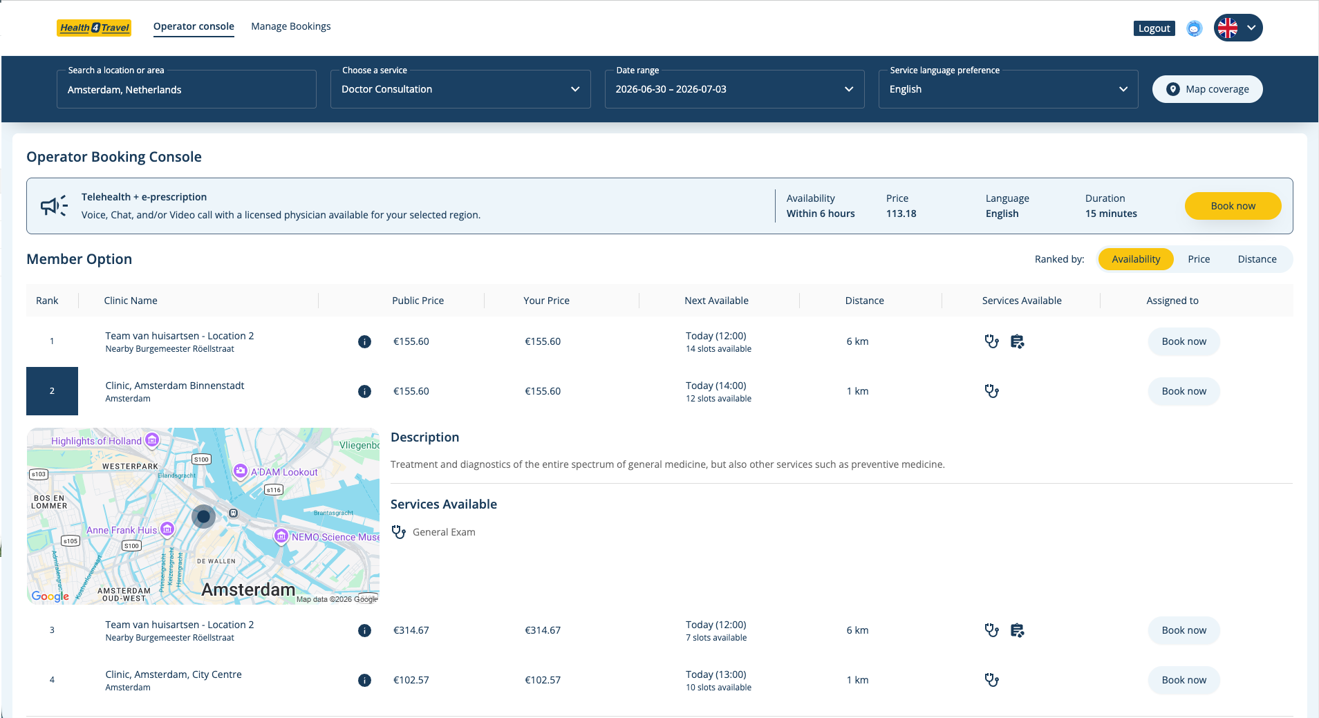 Health4Travel Agent Dashboard — Operator Booking Console with search, provider list and map view