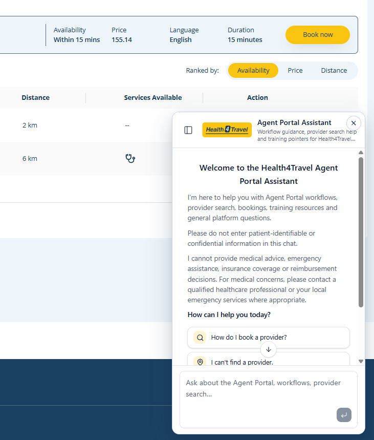 Health4Travel Agent Portal displaying the open AI assistant chatbot widget.