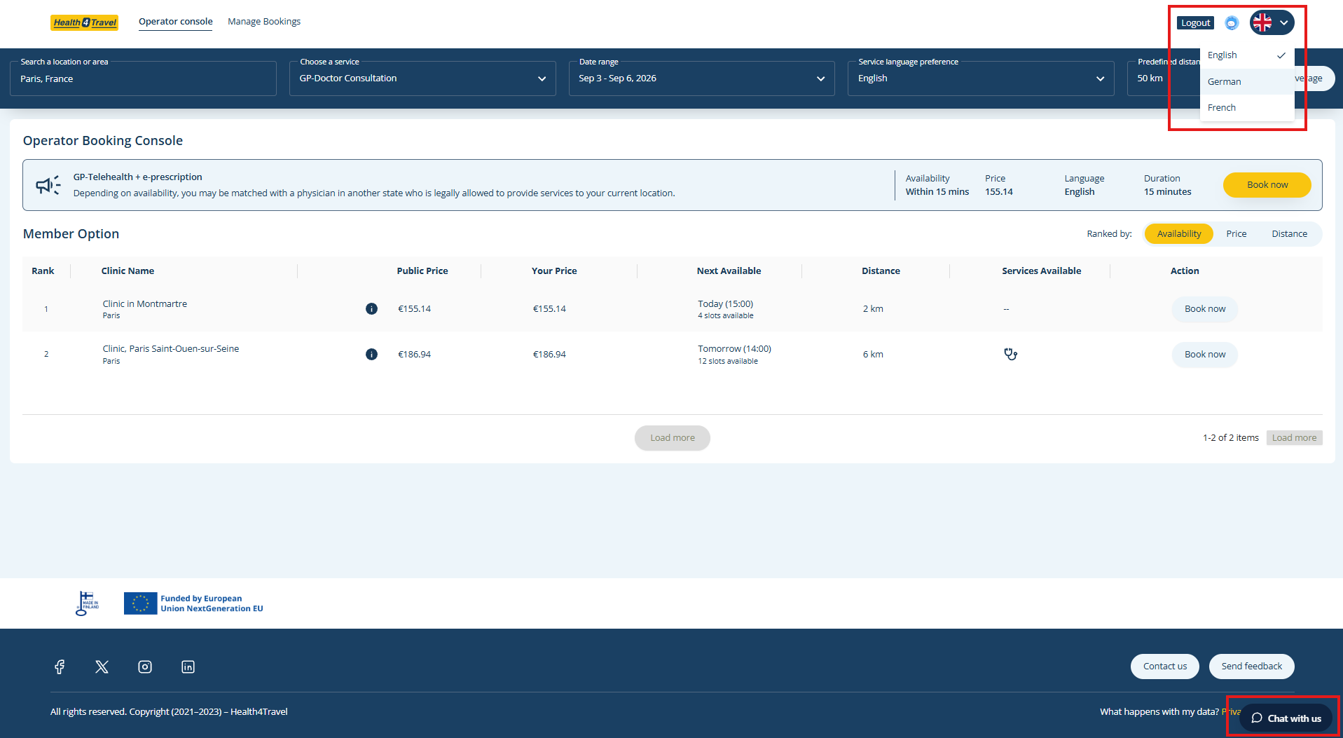Health4Travel Agent Portal header showing open language dropdown menu with English, German, and French options.