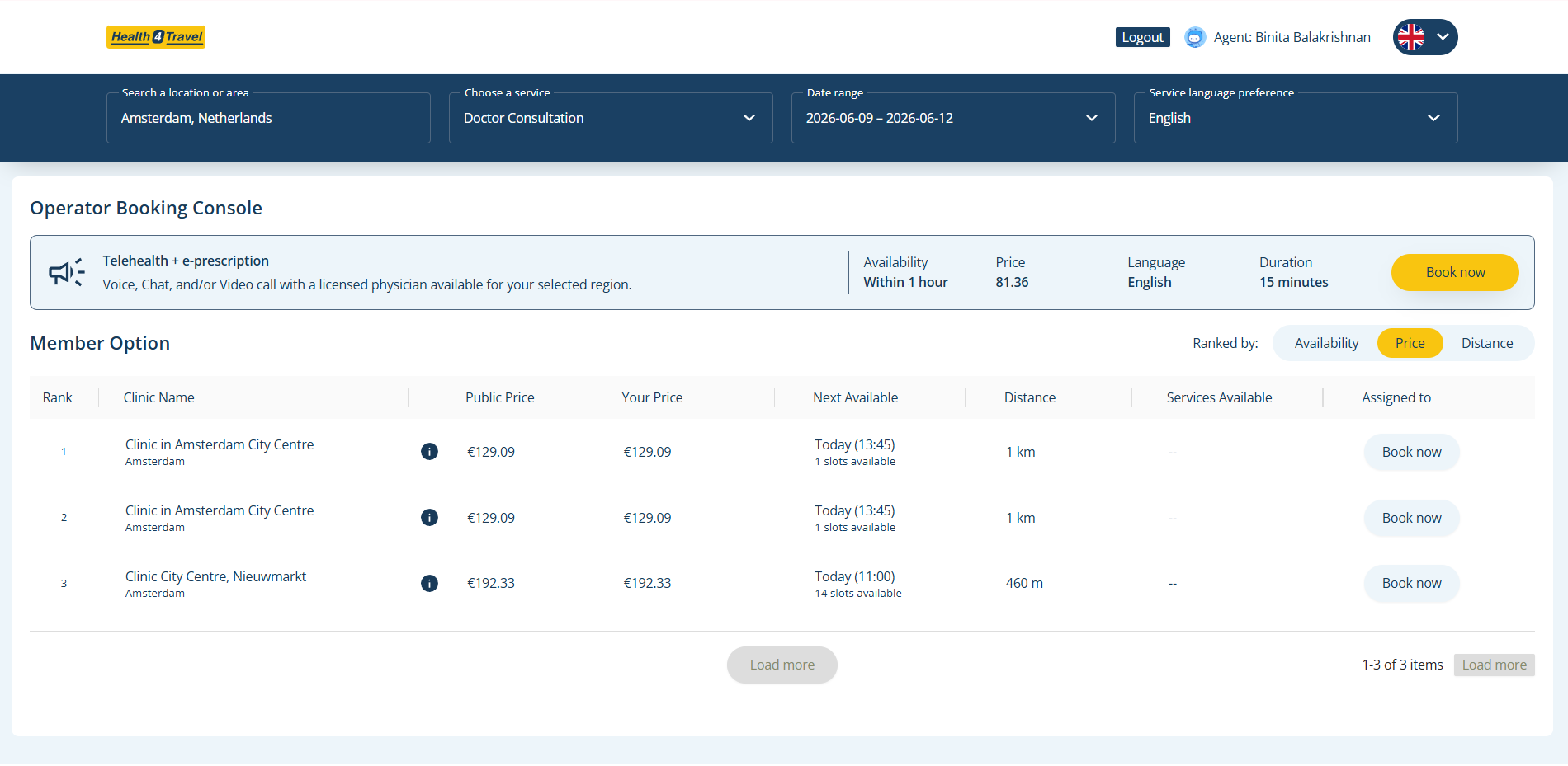 Health4Travel Global Assistance Agent Dashboard – rezultati pretrage